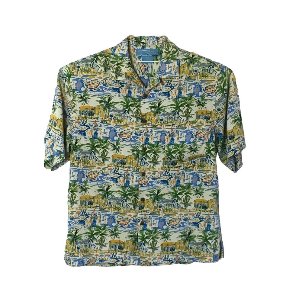 Bermuda Bay Med Silk Hawaiian Shirt Camp Marlin Button Palm Tree Resort Cabana
